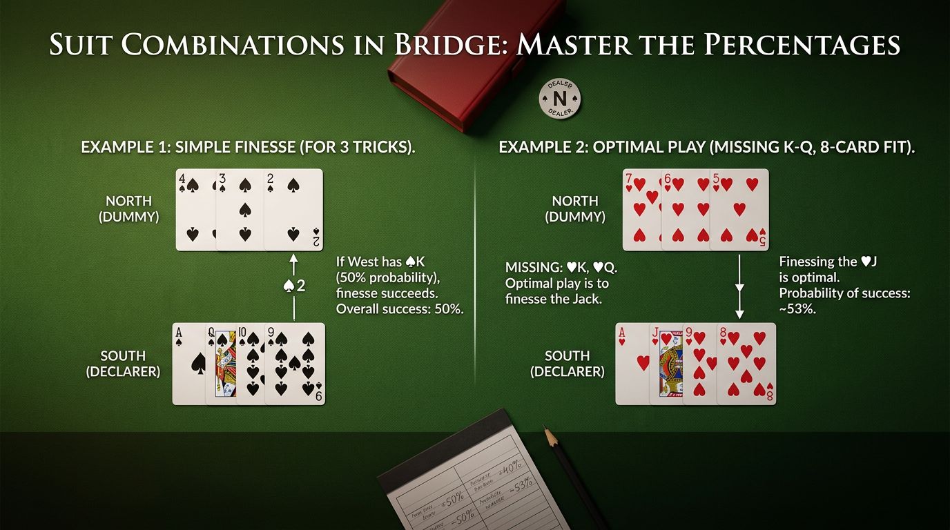 Master suit combinations in bridge with expert guidance on standard holdings, finesses, safety plays, and the restric...