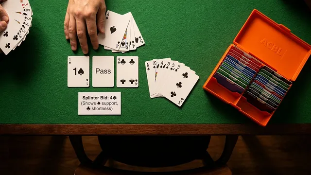 Learn splinter bids: unusual jump showing 4+ support, game-forcing values, and singleton/void. Helps partner evaluate...